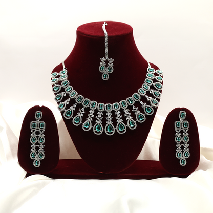 Anaarkali Jewels Silver Plated jewellery Set | Necklace with Earrings & Maang Tikka | Kiara Inspired Emerald Choker | American Diamond | Fashion Accessory Gift Set for Women & Girls