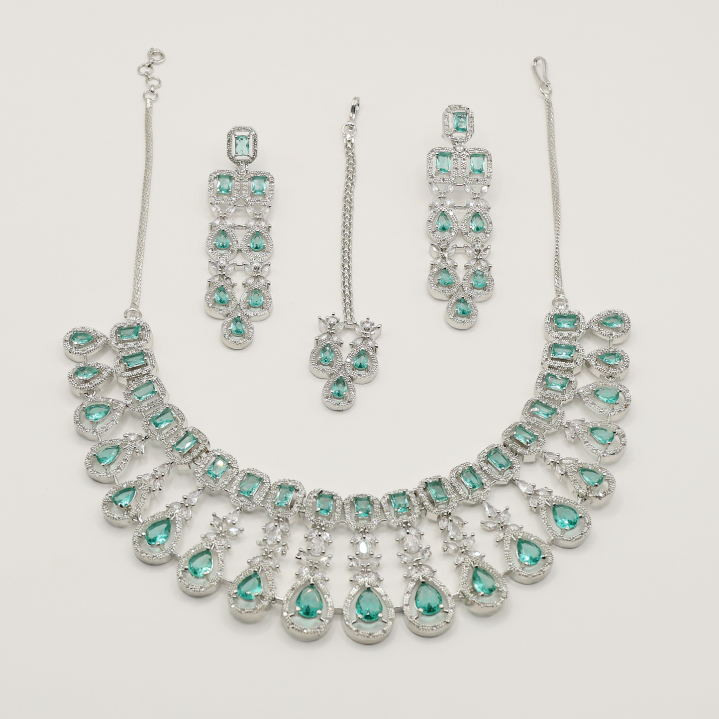 Anaarkali Jewels Silver Plated jewellery Set | Necklace with Earrings & Maang Tikka | Kiara Inspired Emerald Choker | American Diamond | Fashion Accessory Gift Set for Women & Girls