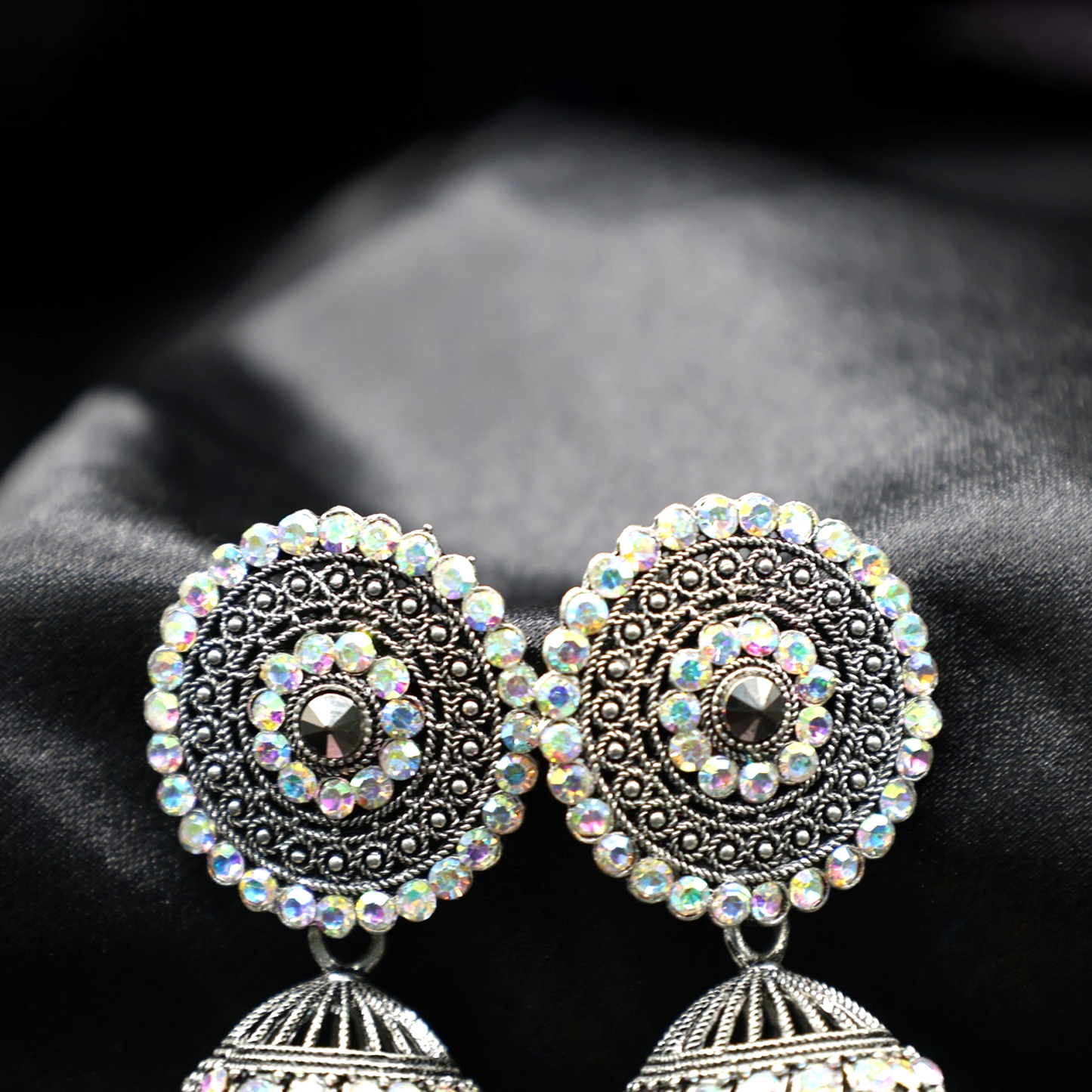 Anaarkali Jewels Oxidized Silver Jhumka Earrings | Antique Round Stud Jhumkis with Crystal Accents