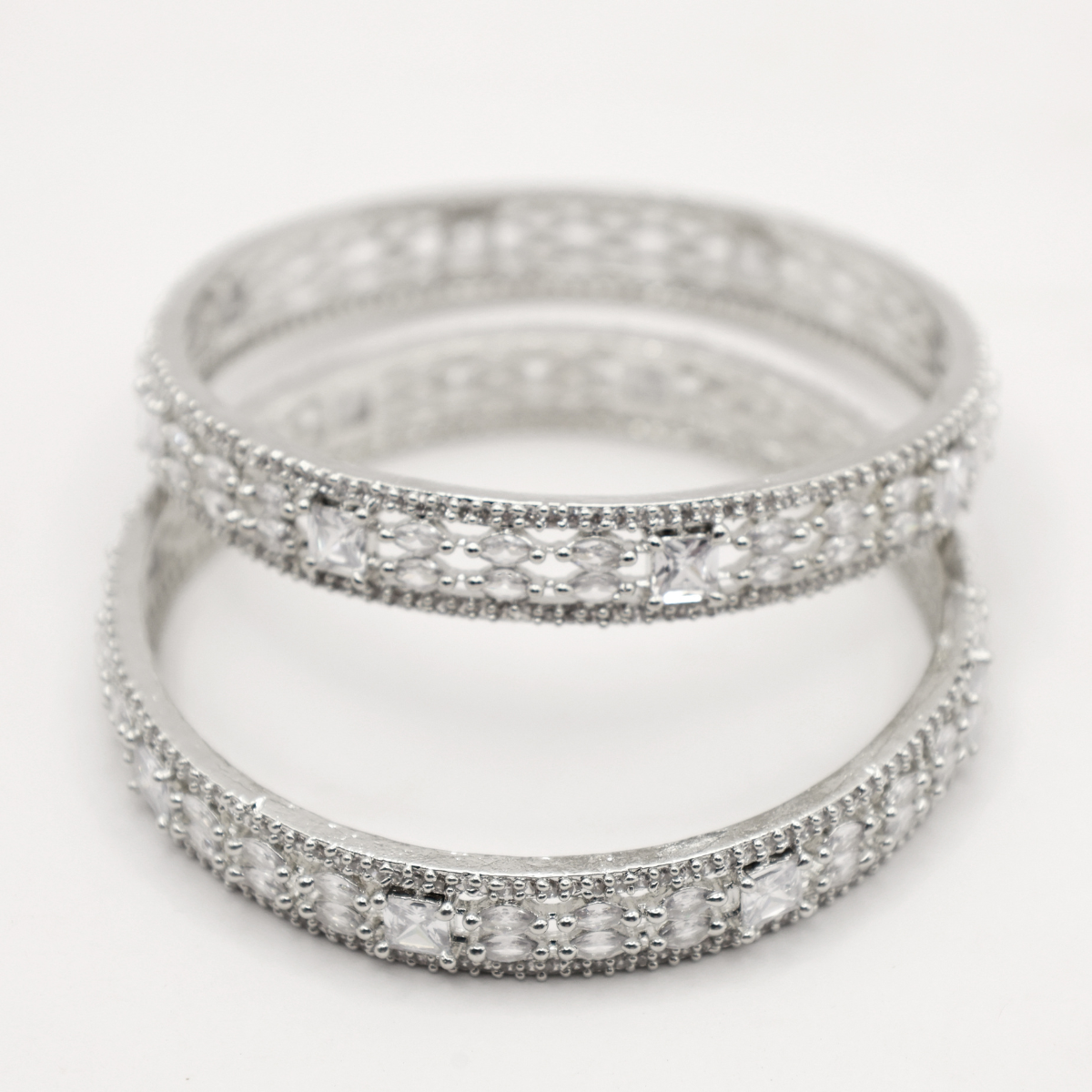 Cubic Zirconia Classic Bangles With Rhodium Plating For Women & Girls ( 2 Sets )