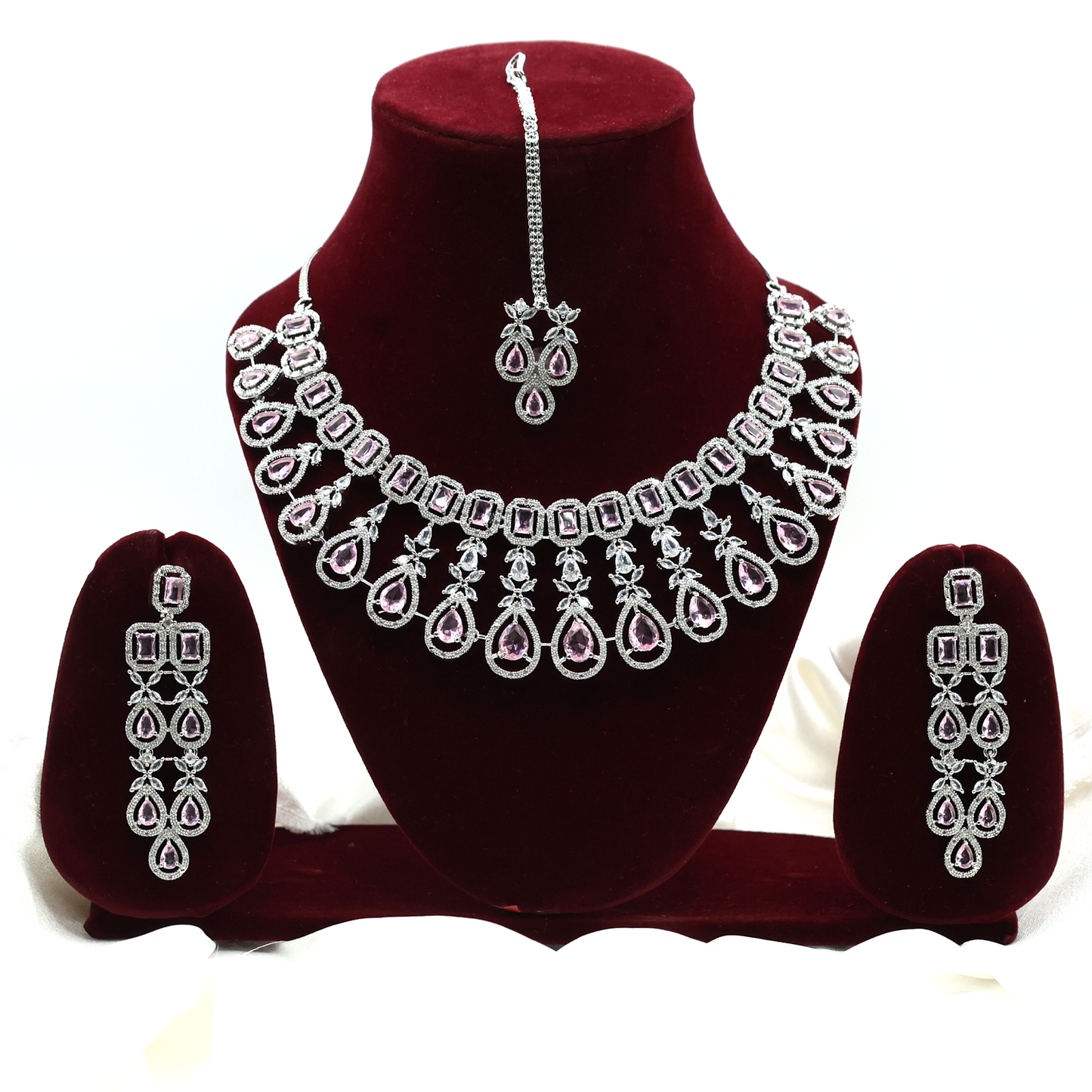 Anaarkali Jewels Silver Plated jewellery Set | Necklace with Earrings & Maang Tikka | Kiara Inspired Emerald Choker | American Diamond | Fashion Accessory Gift Set for Women & Girls