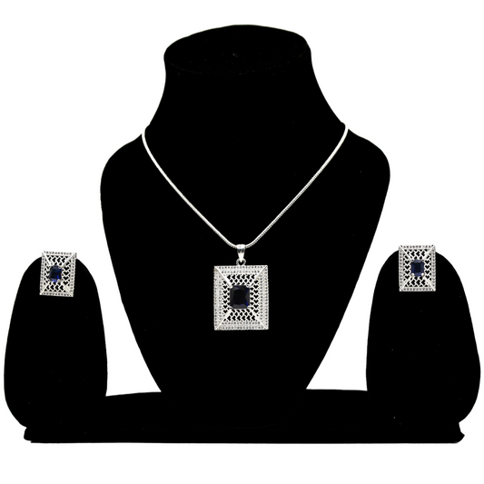 Graceful Square Necklace, Silver Plated Pendant With Earring For Women & Girls