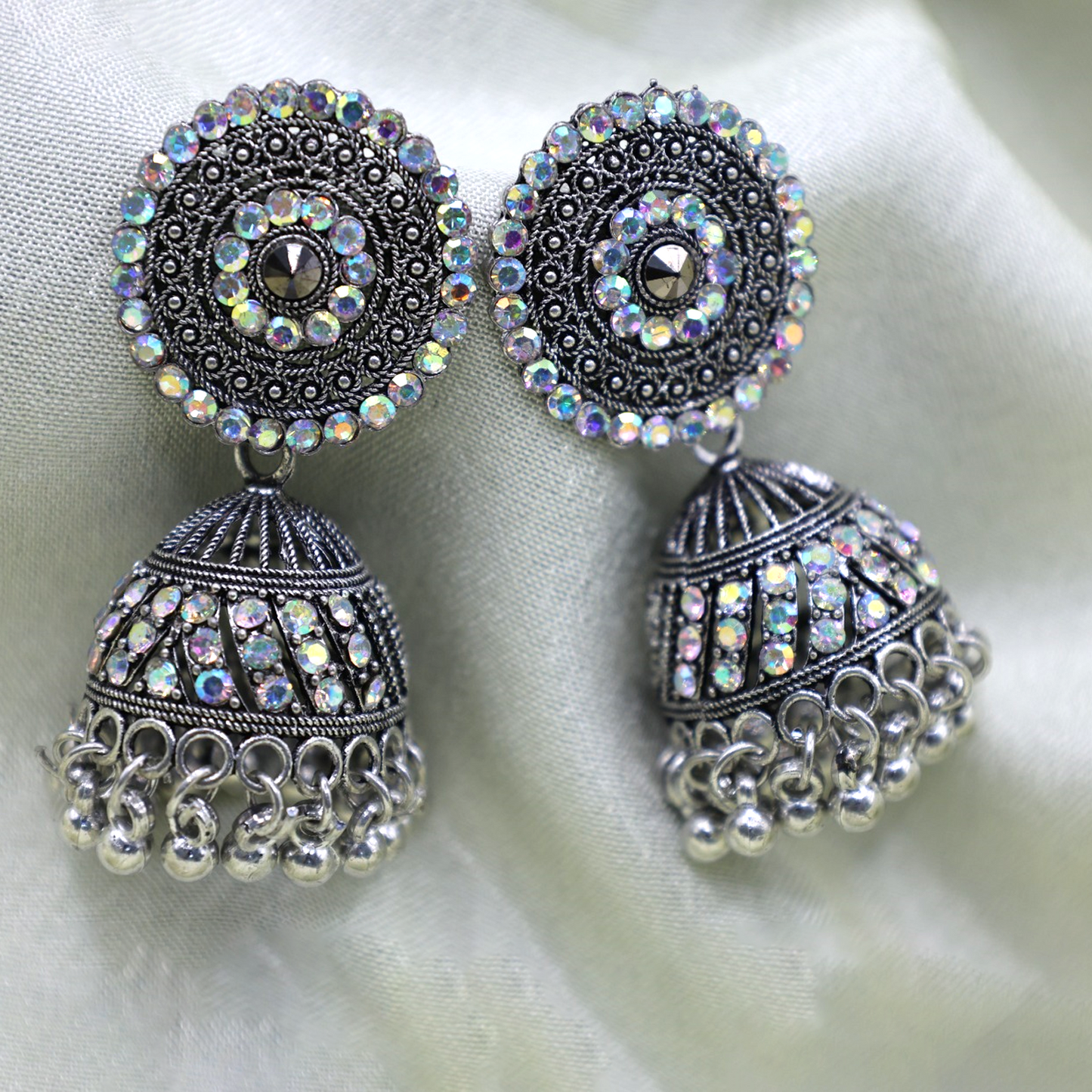 Anaarkali Jewels Oxidized Silver Jhumka Earrings | Antique Round Stud Jhumkis with Crystal Accents