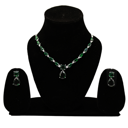 AnaarKali Jewels Silver Plated American Diamond Stylish Water Drop Shape Green Emerald Stone Necklace Set With Earrings