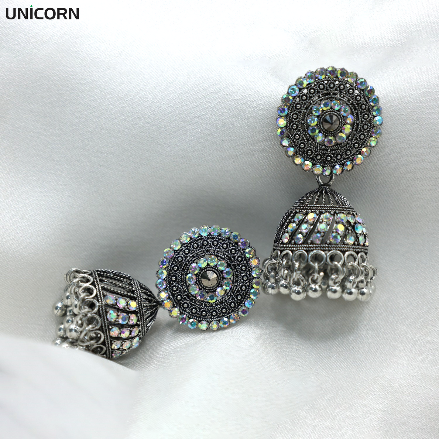 Anaarkali Jewels Oxidized Silver Jhumka Earrings | Antique Round Stud Jhumkis with Crystal Accents