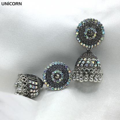 Anaarkali Jewels Oxidized Silver Jhumka Earrings | Antique Round Stud Jhumkis with Crystal Accents