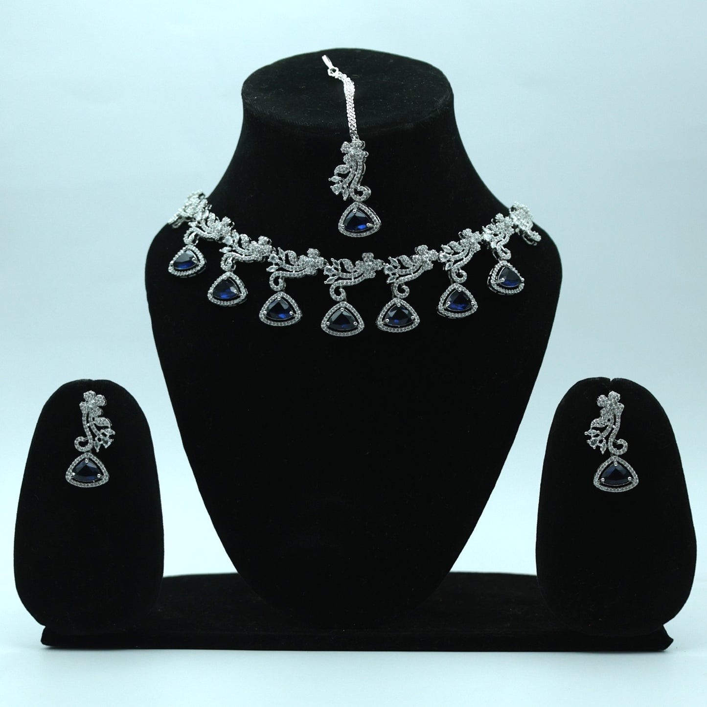 Anaarkali Jewels Silver Plated Necklace Set | Earring & Maang Tikka | American Diamond Necklace Rhodium For Women ( Blue ) Modern Style Women & Girls Fashion Necklace