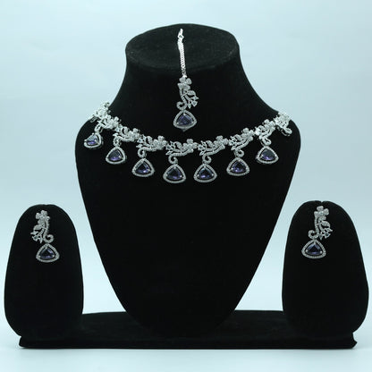 Anaarkali Jewels Silver Plated Necklace Set | Earring & Maang Tikka | American Diamond & Rhodium Necklace | Purple Colour Modern Style Women & Girls Fashion Necklace For All Occasions