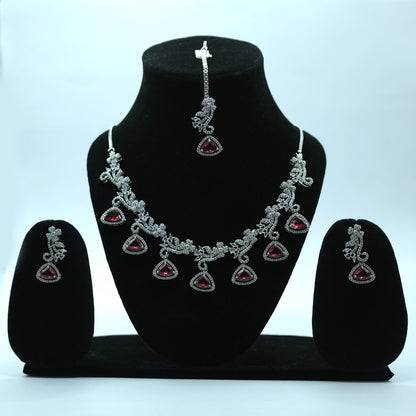 Anaarkali Jewels Silver Plated Necklace Set | Earring & Maang Tikka | American Diamond & Rhodium Necklace | Red colour Modern Style Women & Girls Fashion Necklace For Every Celebrations