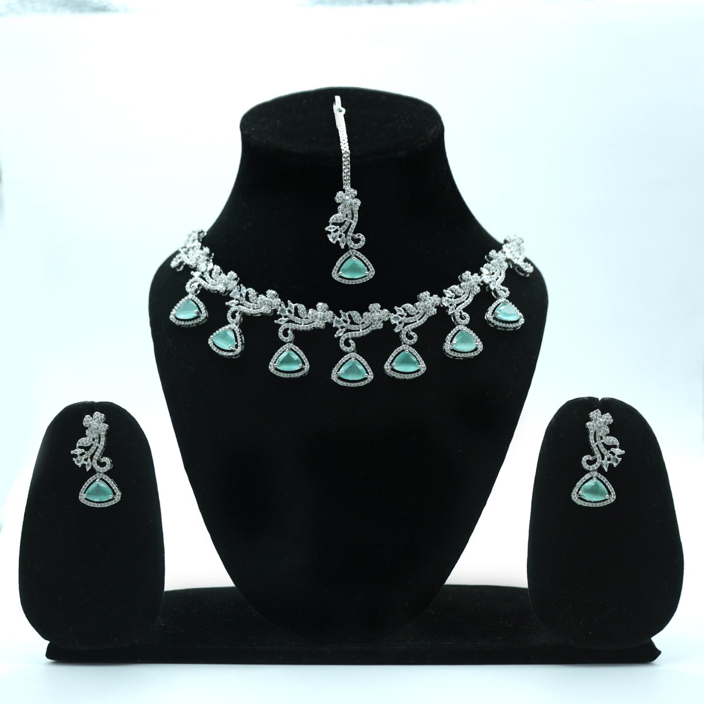 Anaarkali Jewels Silver Plated Necklace Set | Earring & Maang Tikka | American Diamond & Rhodium Necklace | Sea Green Modern Style Women & Girls Fashion Necklace For All Occasions