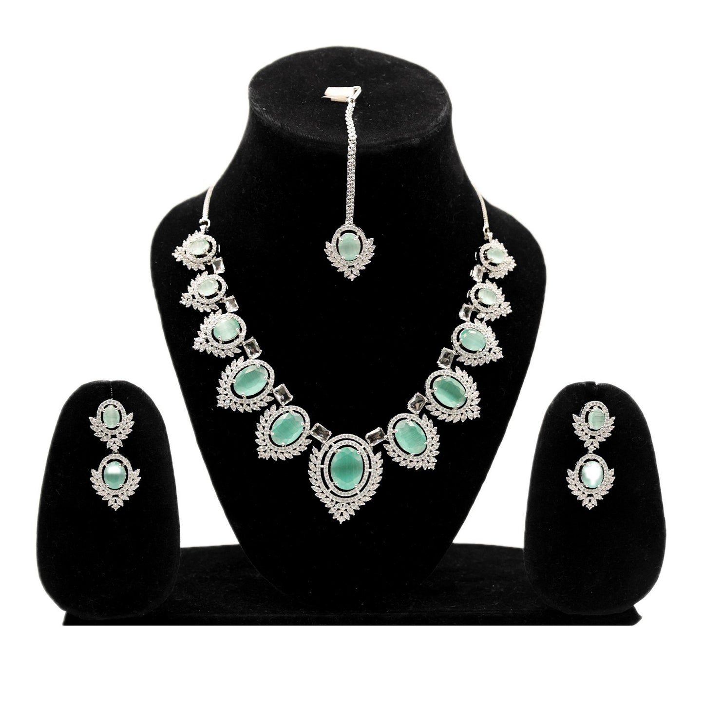 Anaarkali Jewels Sea Green Color Necklace Set with Earrings & Maang Tikka | Adjustable Necklace & Suitable For All Occasion | Silver Plated American Diamond Jewelry For Women & Girls