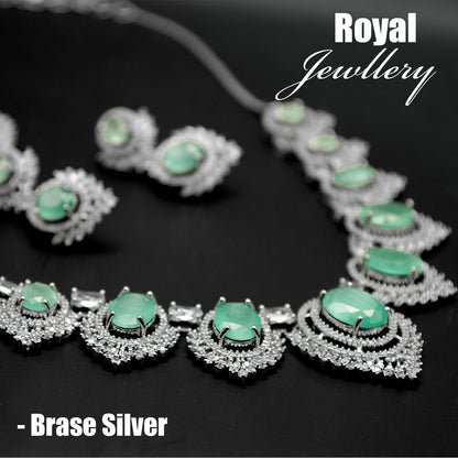 Anaarkali Jewels Sea Green Color Necklace Set with Earrings & Maang Tikka | Adjustable Necklace & Suitable For All Occasion | Silver Plated American Diamond Jewelry For Women & Girls