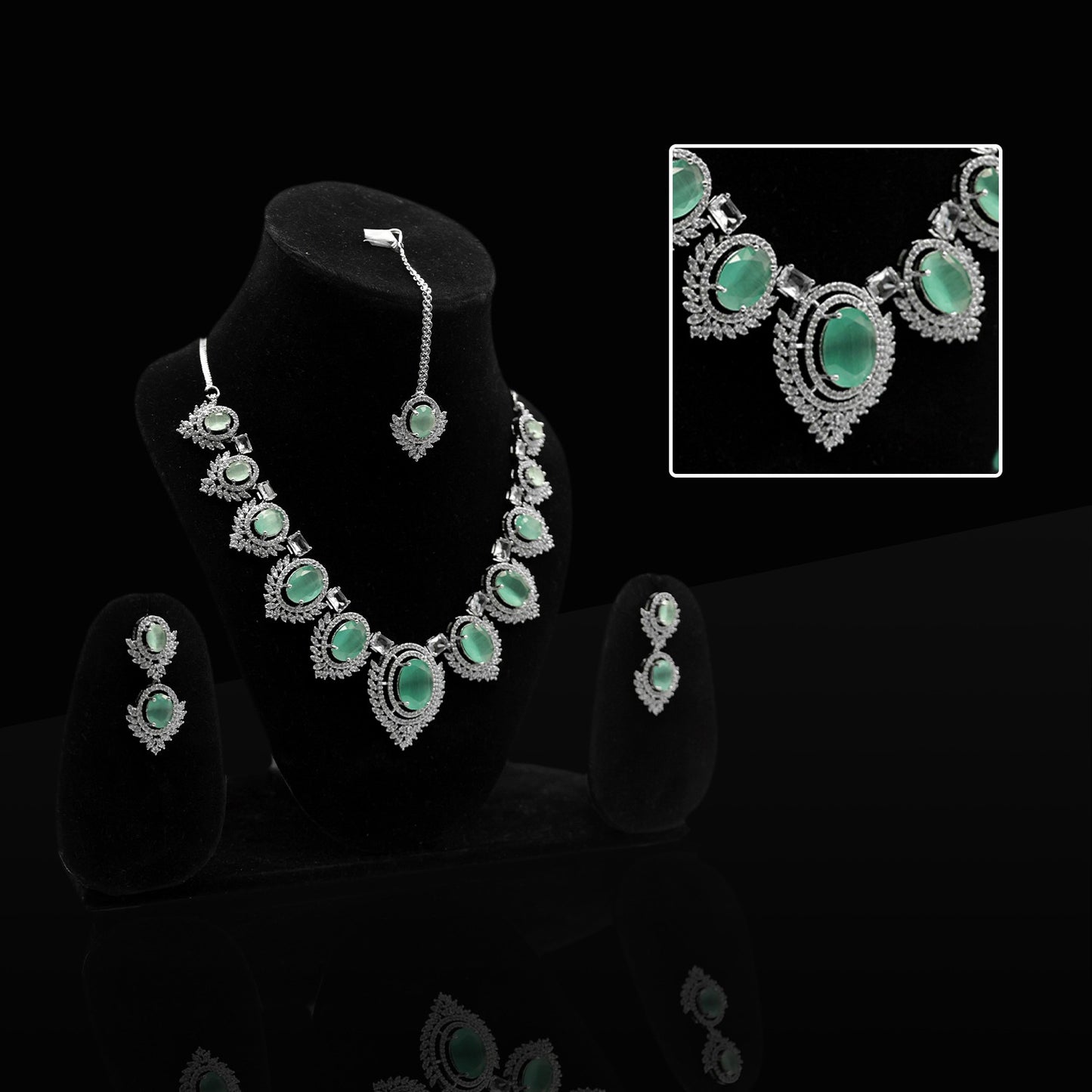 Anaarkali Jewels Sea Green Color Necklace Set with Earrings & Maang Tikka | Adjustable Necklace & Suitable For All Occasion | Silver Plated American Diamond Jewelry For Women & Girls