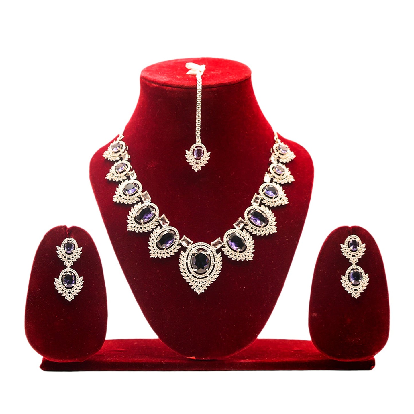 Anaarkali Jewels Purple Necklace Set with Earrings & Maang Tikka | Silver Plated American Diamond Jewelry