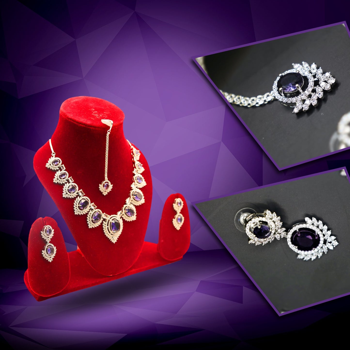 Anaarkali Jewels Purple Necklace Set with Earrings & Maang Tikka | Silver Plated American Diamond Jewelry