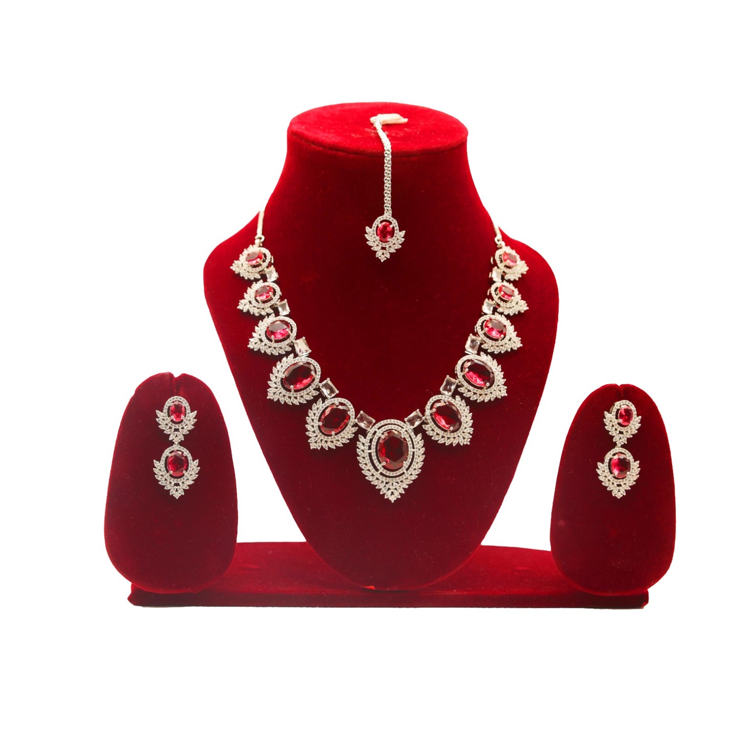 Anaarkali Jewels Red Necklace Set with Earrings & Maang Tikka | Adjustable Necklace & Suitable For All Occasion | Silver Plated American Diamond Jewelry For Women & Girls