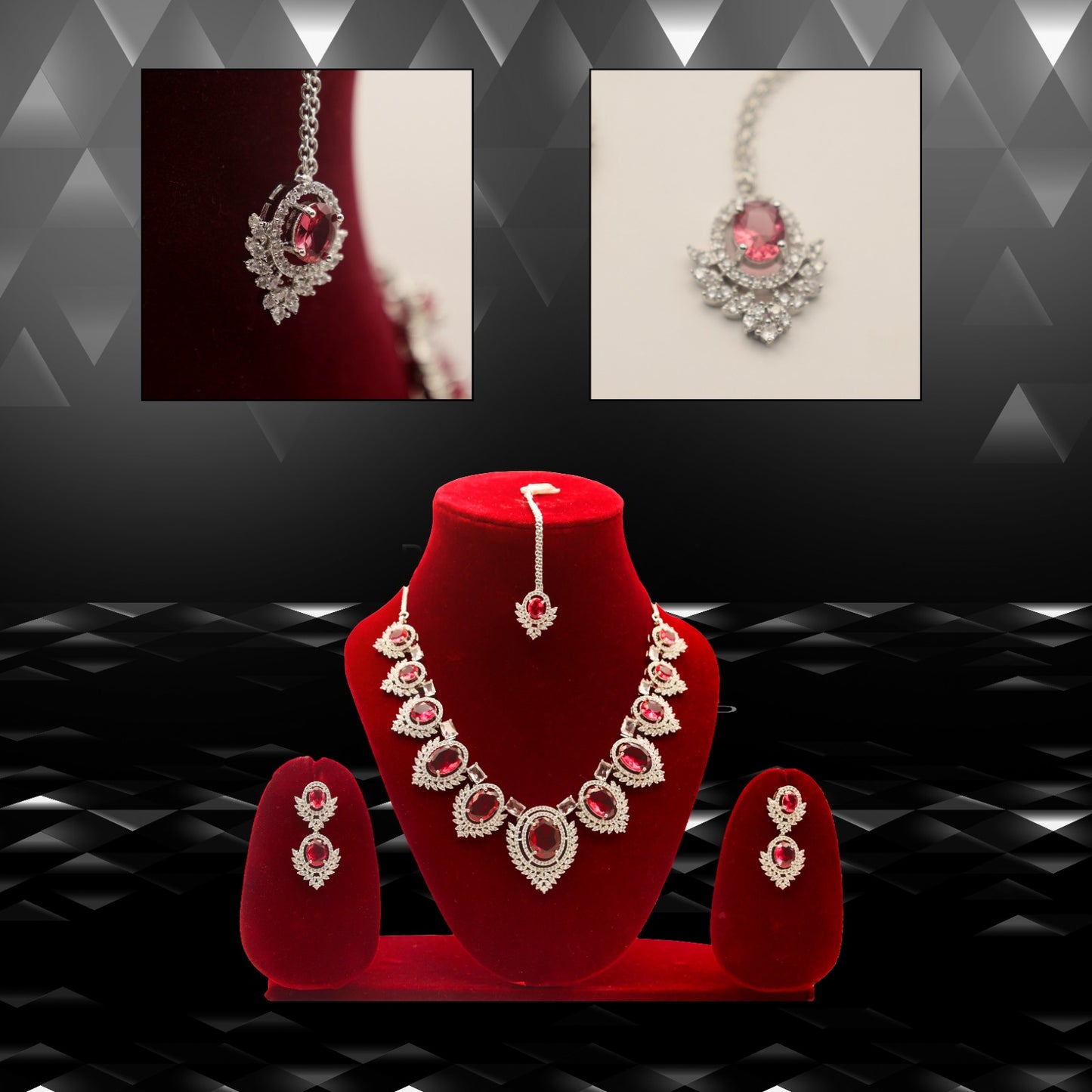 Anaarkali Jewels Red Necklace Set with Earrings & Maang Tikka | Adjustable Necklace & Suitable For All Occasion | Silver Plated American Diamond Jewelry For Women & Girls