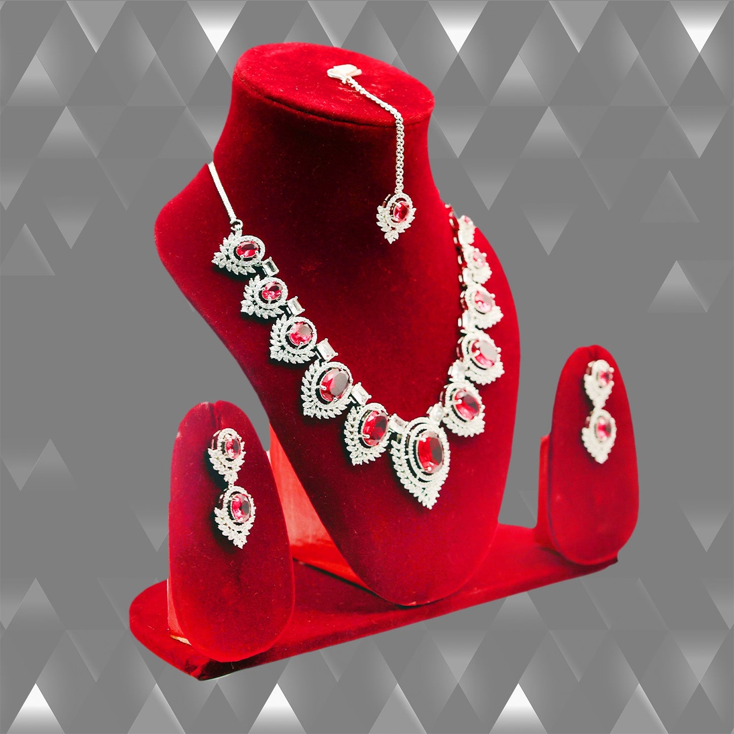 Anaarkali Jewels Red Necklace Set with Earrings & Maang Tikka | Adjustable Necklace & Suitable For All Occasion | Silver Plated American Diamond Jewelry For Women & Girls