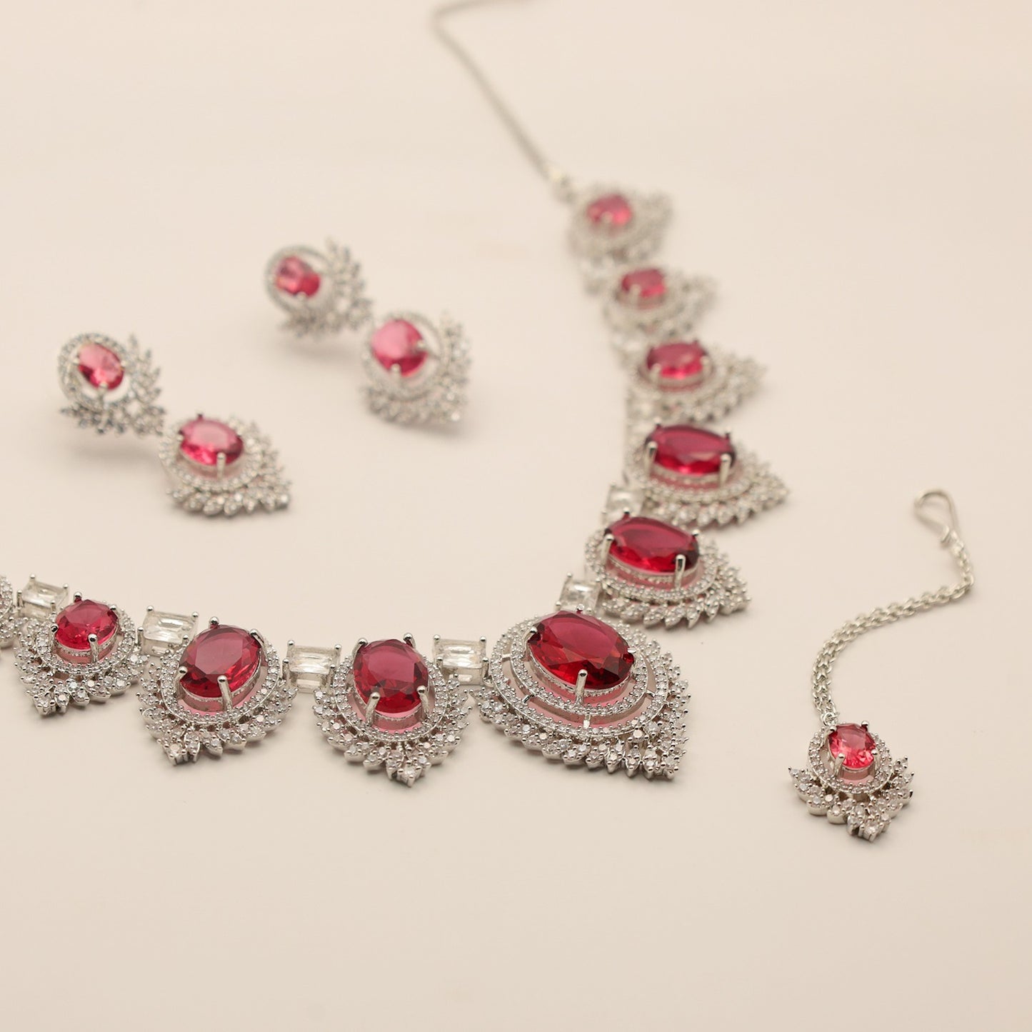 Anaarkali Jewels Red Necklace Set with Earrings & Maang Tikka | Adjustable Necklace & Suitable For All Occasion | Silver Plated American Diamond Jewelry For Women & Girls