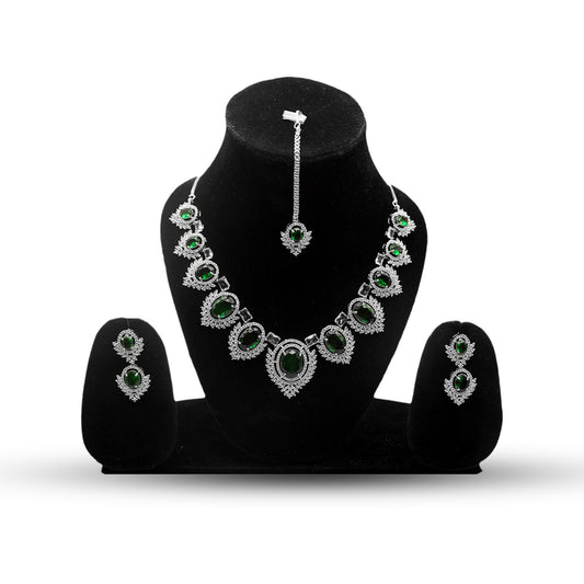 Anaarkali Jewels Green Necklace Set with Earrings & Maang Tikka | Silver Plated American Diamond Jewelry for Weddings & For Special Occasions