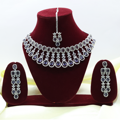 Anaarkali Jewels Silver Plated jewellery Set | Necklace with Earrings & Maang Tikka | Kiara Inspired Emerald Choker | American Diamond | Fashion Accessory Gift Set for Women & Girls